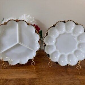 Vintage Milk Glass Devilled Egg Plate and Divided Tray Set Gold Trim Scalloped E